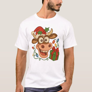 Camiseta Vaca de Natal Festiva com Santa Hat