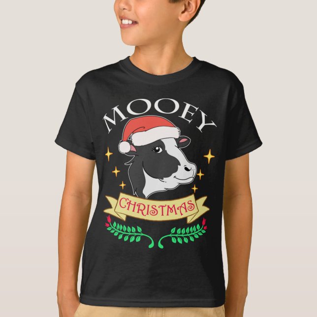 Camiseta Vaca de Natal Mooey Vestindo Gráfico de Santa Hat (Frente)