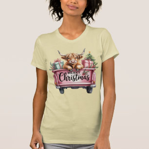 Camiseta Vaca de Natal Rosa e Fofa em Caminhão