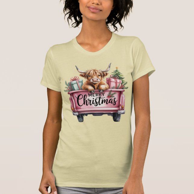 Camiseta Vaca de Natal Rosa e Fofa em Caminhão (Frente)