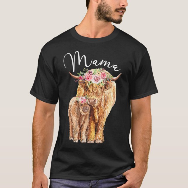 Camiseta Vaca Do Planalto Da Mamãe Com Bebê De Vitelo (Frente)