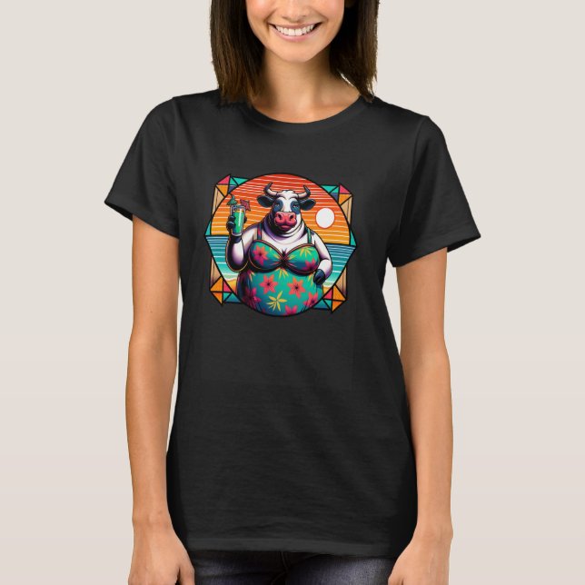 Camiseta Vaca em Maiô Floral com Bebida Tropical e Sol (Frente)