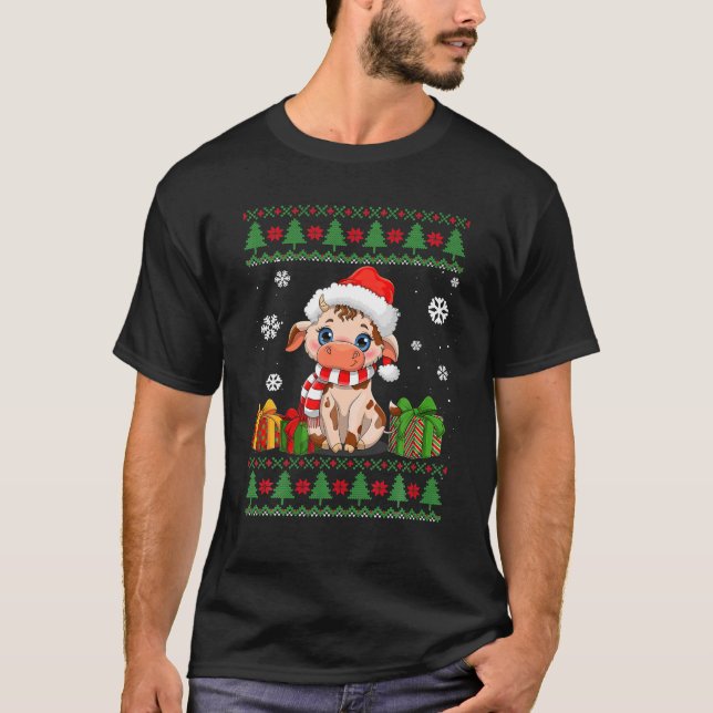 Camiseta Vaca Engraçada Abre Vaca Bonita Santa Hat Feia Nat (Frente)
