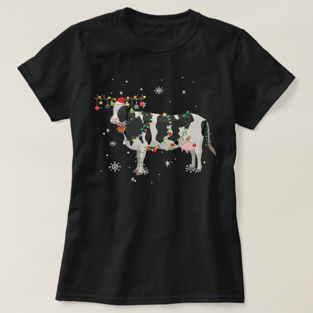 Camiseta Vaca Engraçada Reindee Natal Luzes de Natal Pajama (Frente do Design)