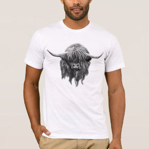 Camiseta Vaca escocesa das montanhas em preto e branco