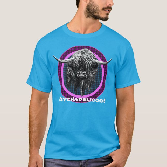Camiseta Vaca escocesa das montanhas. Psychadelicoo! (Frente)
