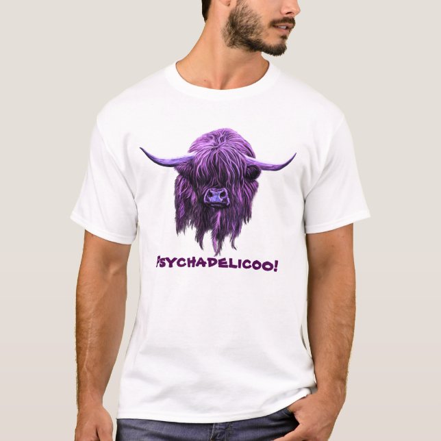 Camiseta Vaca escocesa das montanhas. Psychadelicoo! (Frente)