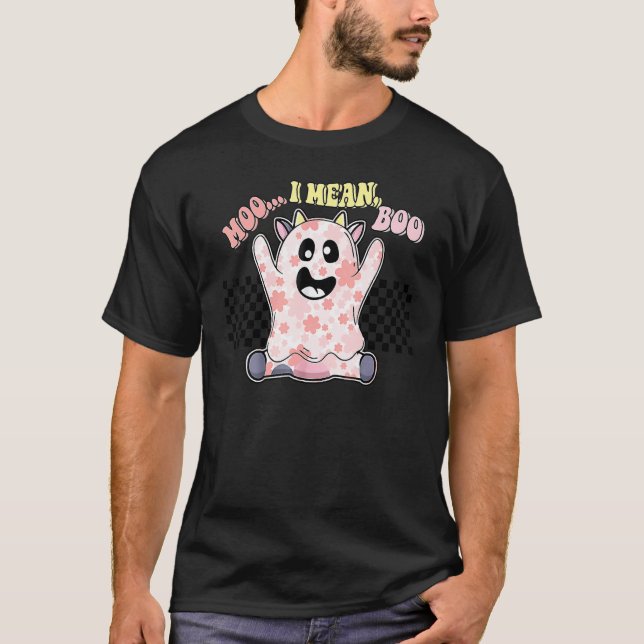 Camiseta Vaca Fantasma Groovy Fofa Moo Quer Dizer Boo Abóbo (Frente)