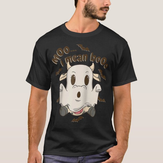 Camiseta Vaca Fantasma Moo Quero Dizer Boo Abóbora Lua Hall (Frente)