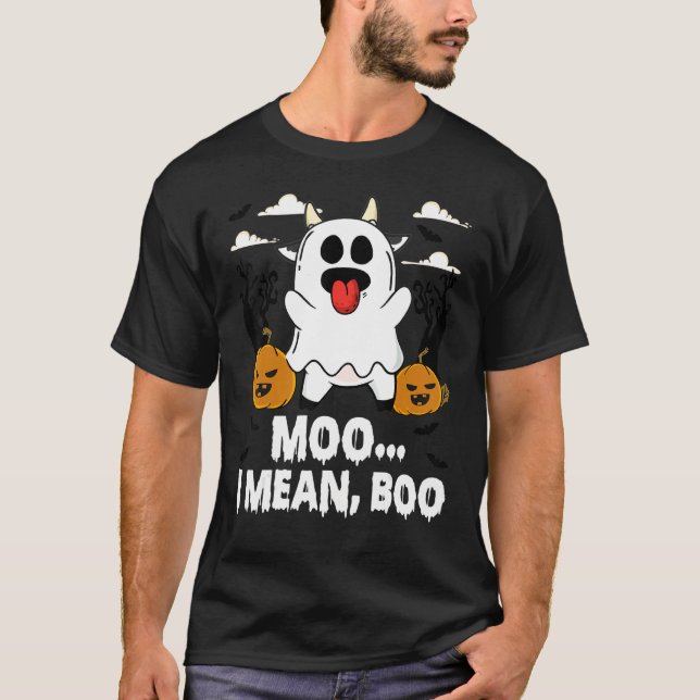Camiseta Vaca Fantasma Mugido Quero Dizer Boo Lua Halloween (Frente)