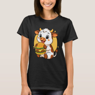 Camiseta Vaca Fofa Comendo Hambúrguer Divertido Comida Anim