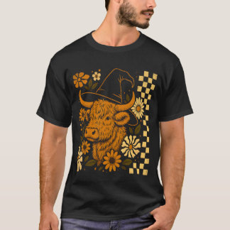 Camiseta Vaca Fofa e Felpuda Flor Xadrez Halloween Retrô