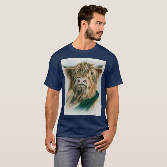 Camiseta Vaca Highland com T-Shirt Xadrez Azul e Verde (Frente Completa)