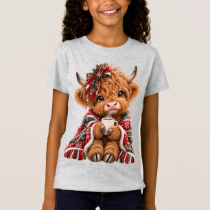 Camiseta Vaca Highland Natal Leopardo Coquette Laço Café