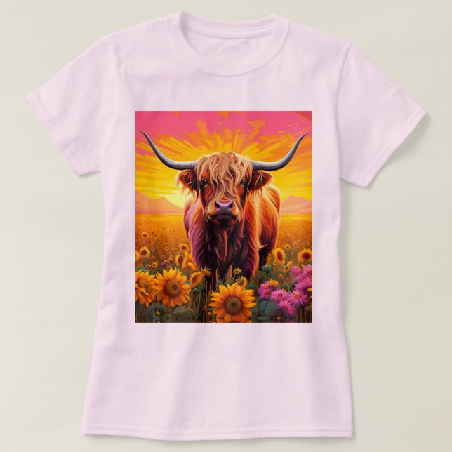 Camiseta Vaca Highland no Sunflower, Sunrise (Frente do Design)