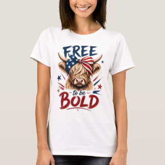 Camiseta Vaca Highland Patriótica Livre para Ser Ousada Grá