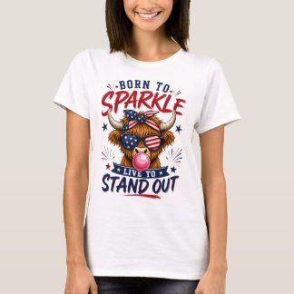 Camiseta Vaca Highland Patriótica Nascida para Brilhar Gráf
