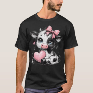 Camiseta Vaca Negra Incrível Segurando Coquete Rosa Coração