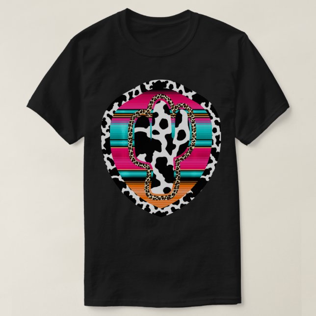 Camiseta Vaca Ocidental Cactus Leopard Cheetha Serape Turqu (Frente do Design)