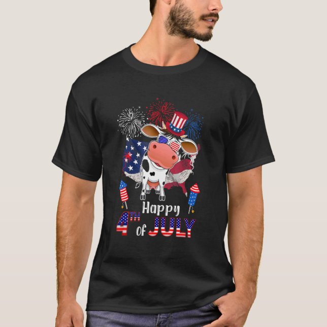Camiseta Vaca Orgulhosa Fogo de Artifício da Bandeira Ameri (Frente)