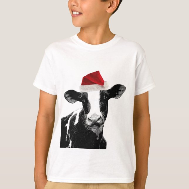 Camiseta Vaca papai noel - Vaca leiteira vestindo Santa Hat (Frente)