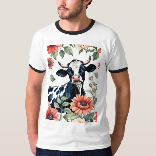 Camiseta Vaca Preta e Branca Com Flores Laranjas (Frente)