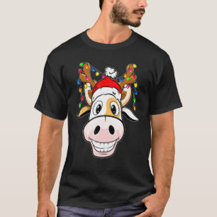 Camiseta Vaca Rena Capuz do Papai Noel Luzes de Natal  Vaca