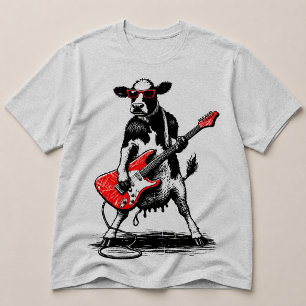 Camiseta Vaca Rockstar Legal Tocando Guitarra Elétrica Verm