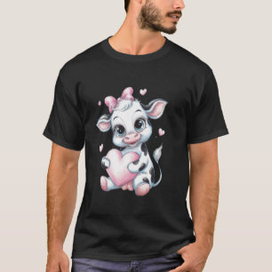 Camiseta Vaca Segurando Coração Laço Coquete Rosa Preto e B