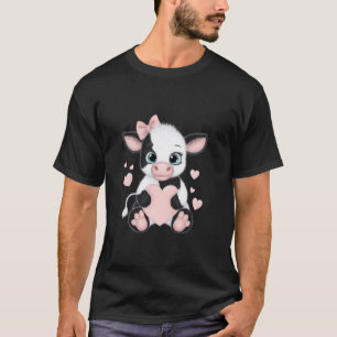 Camiseta Vaca Segurando Coração Laço Coquette Rosa Preto e