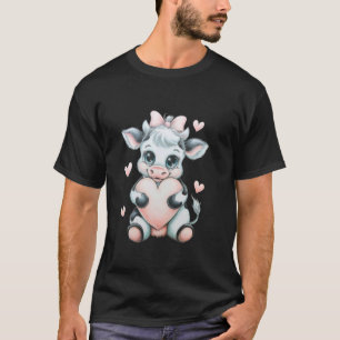 Camiseta Vaca Segurando Coração Preto e Branco Laço Coquete