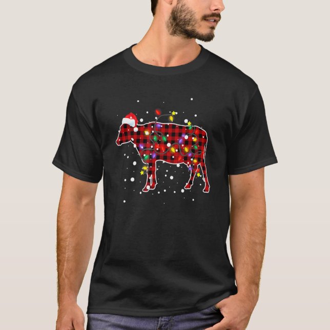 Camiseta Vaca Vermelha Xadrez Vaca Natal Pijamas Vaca Famíl (Frente)