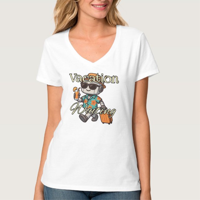 Camiseta Vacation Waiting | Cute Robot Summer Women's V-Nec (Frente)
