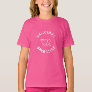 Camiseta Vacinas salvam vidas corações brancos cor-de-ros