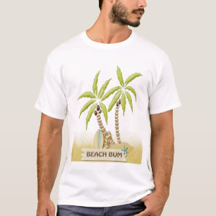 Camiseta Vagabundo, prancha, palmeiras e areia da praia