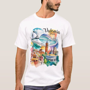Camiseta Valência Espanha Paisagem Urbana Aquarela Viagem P