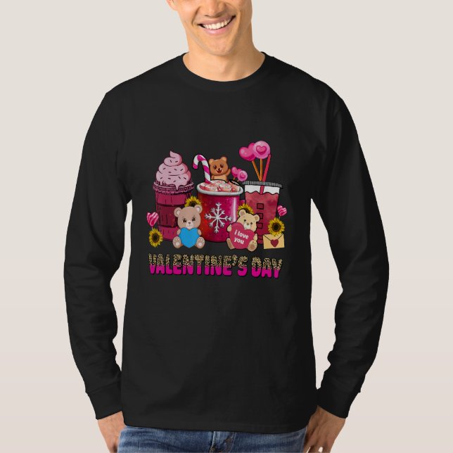 Camiseta Valentine Coffee Latte Lover Cute Pink Bear Valent (Frente)