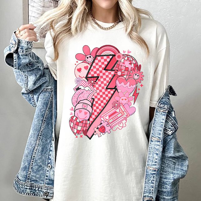 Camiseta Valentine Day Pink Disco Smile Face (Criador carregado)