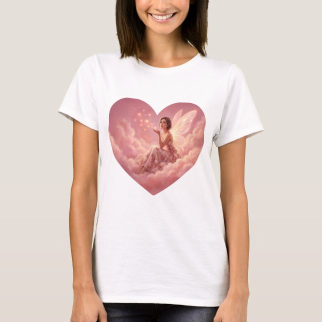 Camiseta Valentine Fairy on Pink Clouds Fantasy Art (Frente)