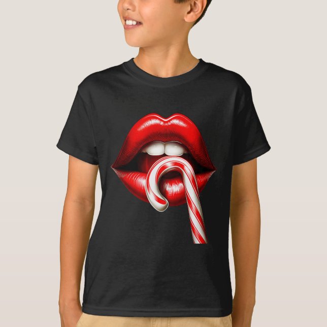 Camiseta Valentine Lips Kisses Valentines Funny Candy Cane  (Frente)