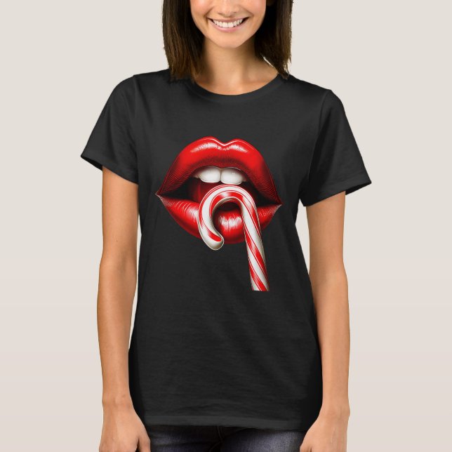 Camiseta Valentine Lips Kisses Valentines Funny Candy Cane  (Frente)