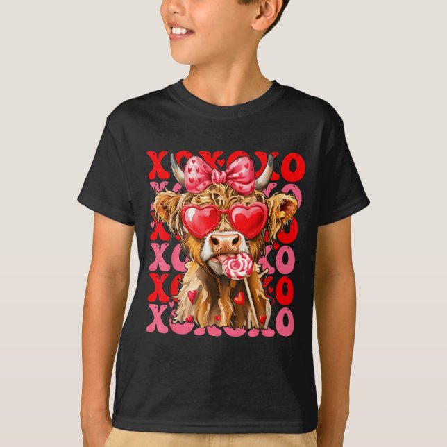 Camiseta Valentine Xoxo Highland Cow Cute Coquette Bow West (Frente)