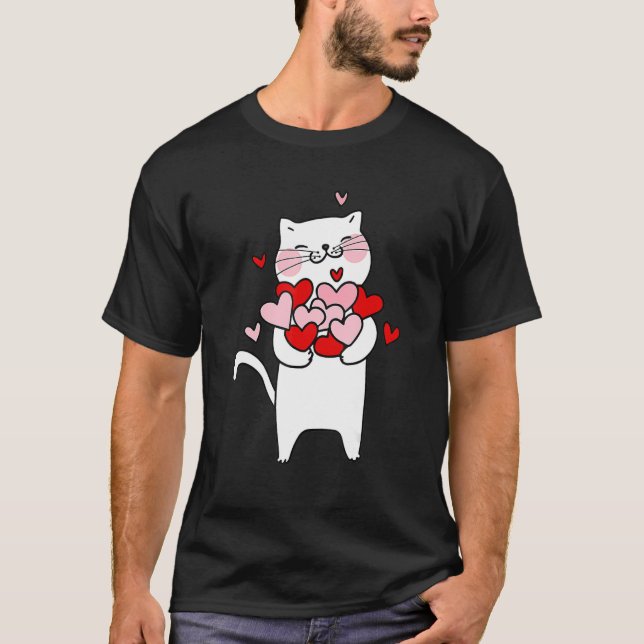 Camiseta Valentine's Cat Holding Hearts Cat Lover Cat Owner (Frente)