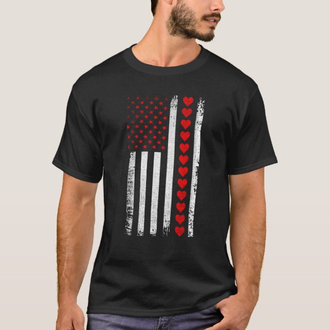 Camiseta Valentines Day American Flag Hearts Him Her Boys G (Frente)