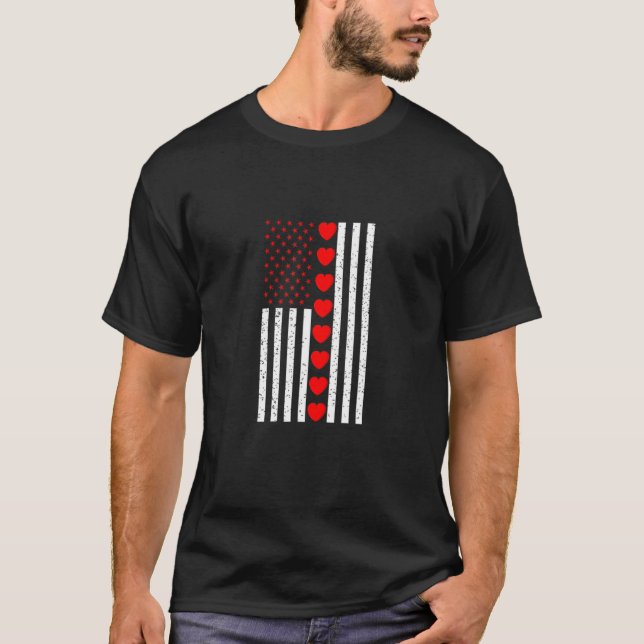 Camiseta Valentine's Day American Flag With Hearts, U S Fla (Frente)