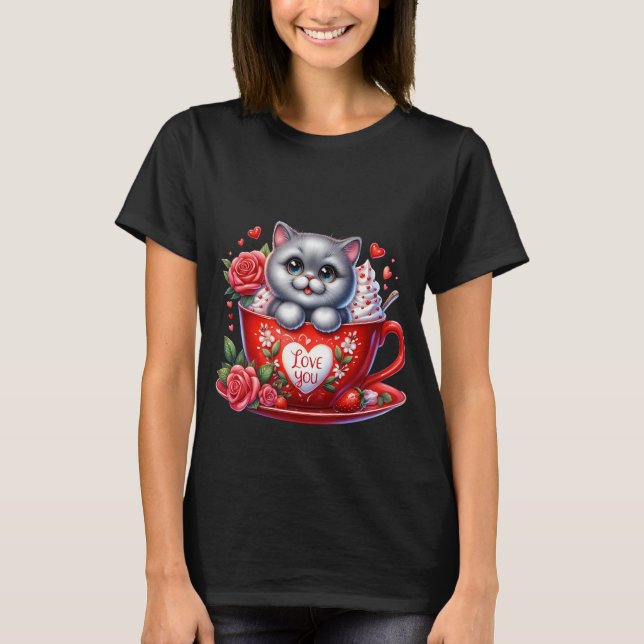 Camiseta Valentine's Day Cute Tabby Cat Love You Mug Art🐱☕ (Frente)