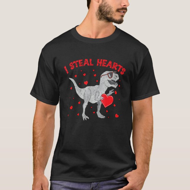 Camiseta Valentines Day Dinosaur I Steal Hearts Boys Men Lo (Frente)