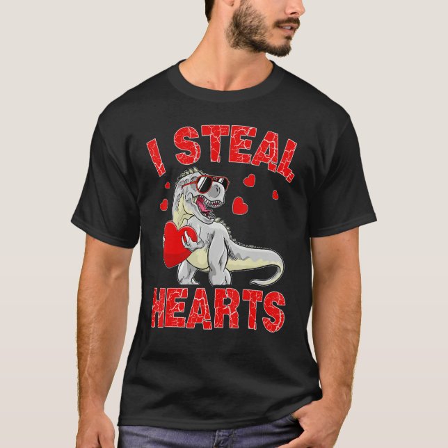 Camiseta Valentines Day Dinosaur I Steal Hearts Boys Men Lo (Frente)