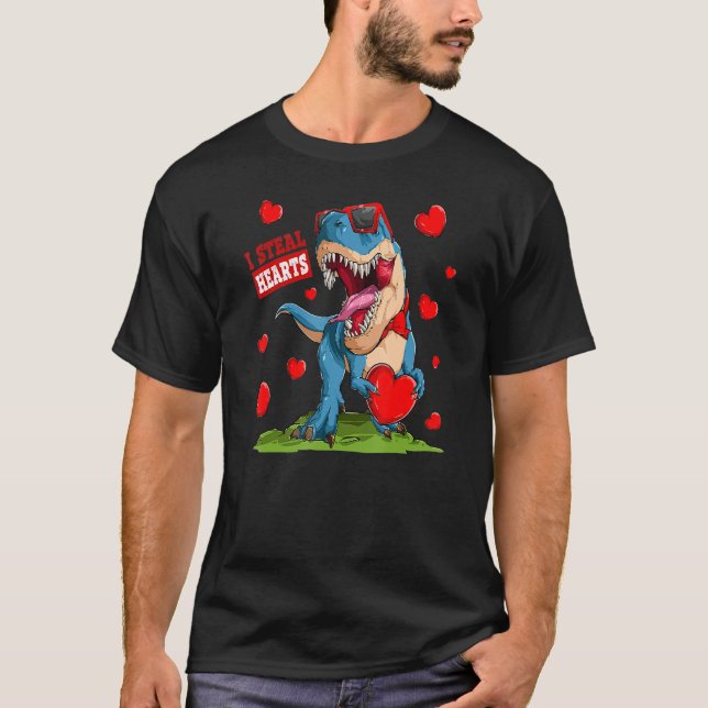 Camiseta Valentines Day Dinosaur I Steal Hearts Boys Men Lo (Frente)