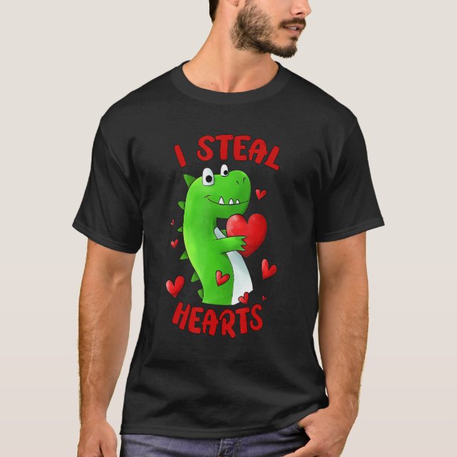 Camiseta Valentines Day Dinosaur I Steal Hearts Kids Love r (Frente)